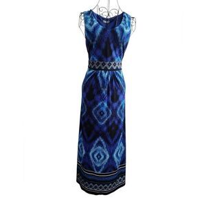 W LANE Diamond Print Maxi Dress Sz Small Blue Mermaid‎ Princess Waist NEW